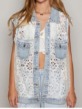 POL Denim & White Lace Sleeveless Vest Size S